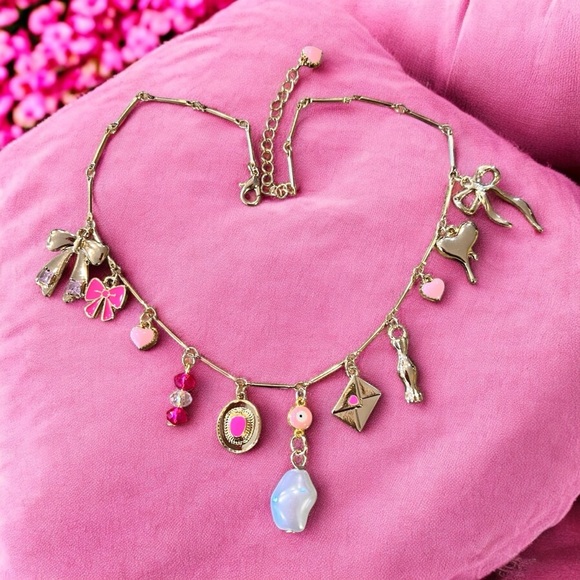 Pink bows and love charms charm necklace. Gold toned delicate chain 15.5”-17.5” - Picture 5 of 16